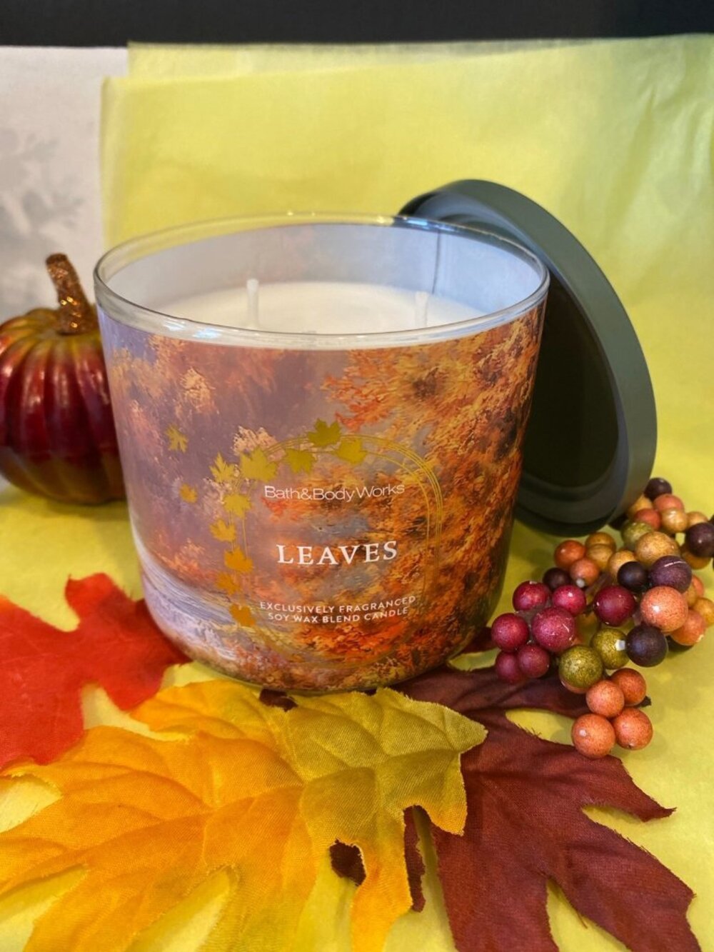 "Leaves" New Bath & Body Works Fall Autumn 3 Wick Candle